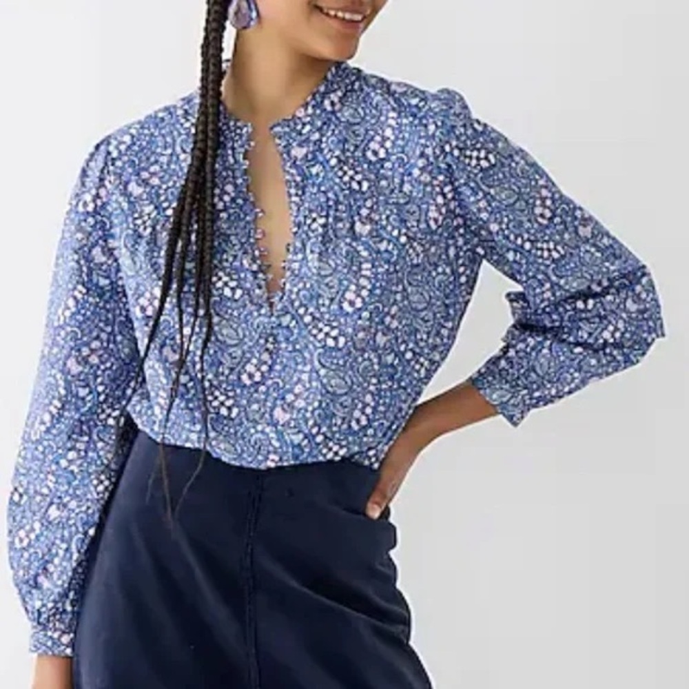 J. Crew Blue Paisley Ruffle Neck Blouse